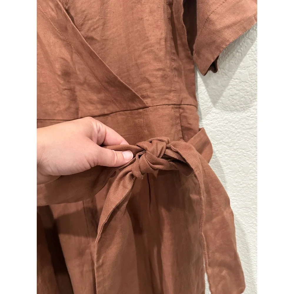 Everlane The Wrap Jumpsuit Brown Linen Blend Wrap V-Neck Wide Leg Belted Size 0